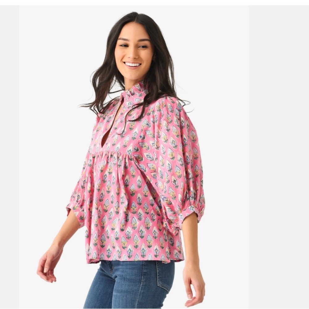 Sur La Vague Women's Pink Floral Puff Sleeve Flowy Ruffle Neck Blouse Small - Picture 12 of 12